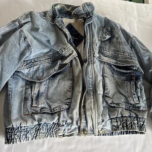 Vtg denim winter jacket Niki Women Sz XL 80’s Natural Distressed Lots Pockets